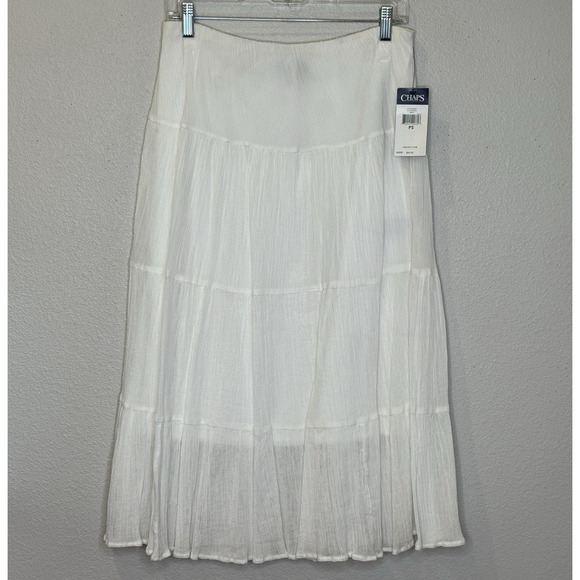 Chaps Tiered Crepe Skirt Womens Sz Petite Small PS White Elastic Waist Lined NEW - Picture 1 of 7